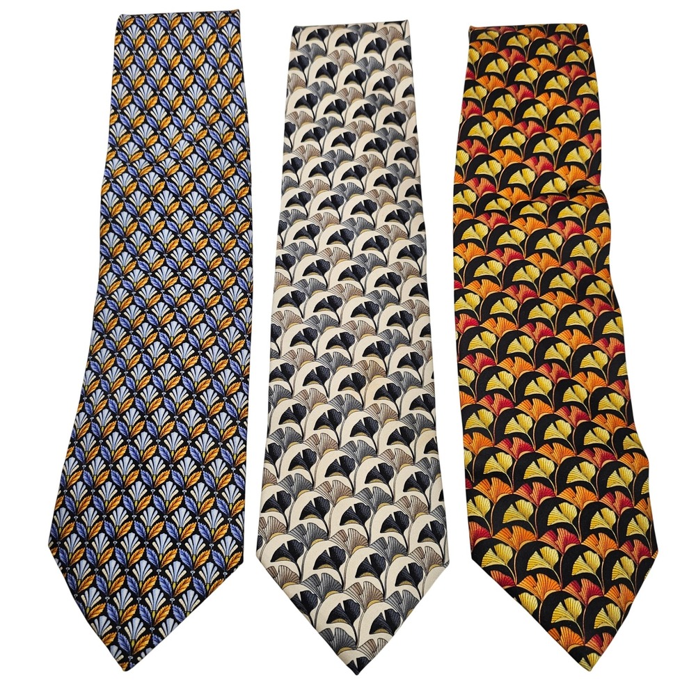 Leonard‎ Studio Silk Ties Lot of 3 Geometric Fan Leaf Professional Luxury Office